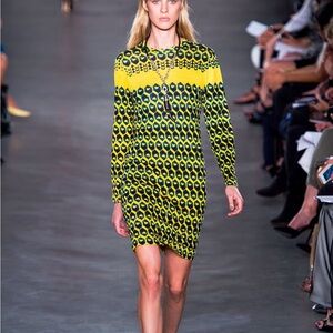 Derek Lam Yellow/Black Runway Ikat Colorblock Long Sleeve Dress Size 0/XS $450